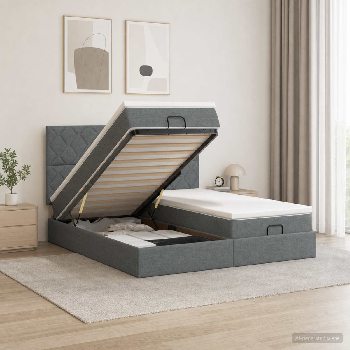 Ottoman Bett mit Matratze mit Kopfteil 2 Stk. Dunkelgrau Stoff