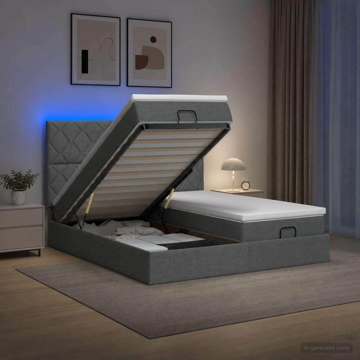 Ottoman-Bett mit Matratze und LED Dunkelgrau 160 x 200 cm Stoff