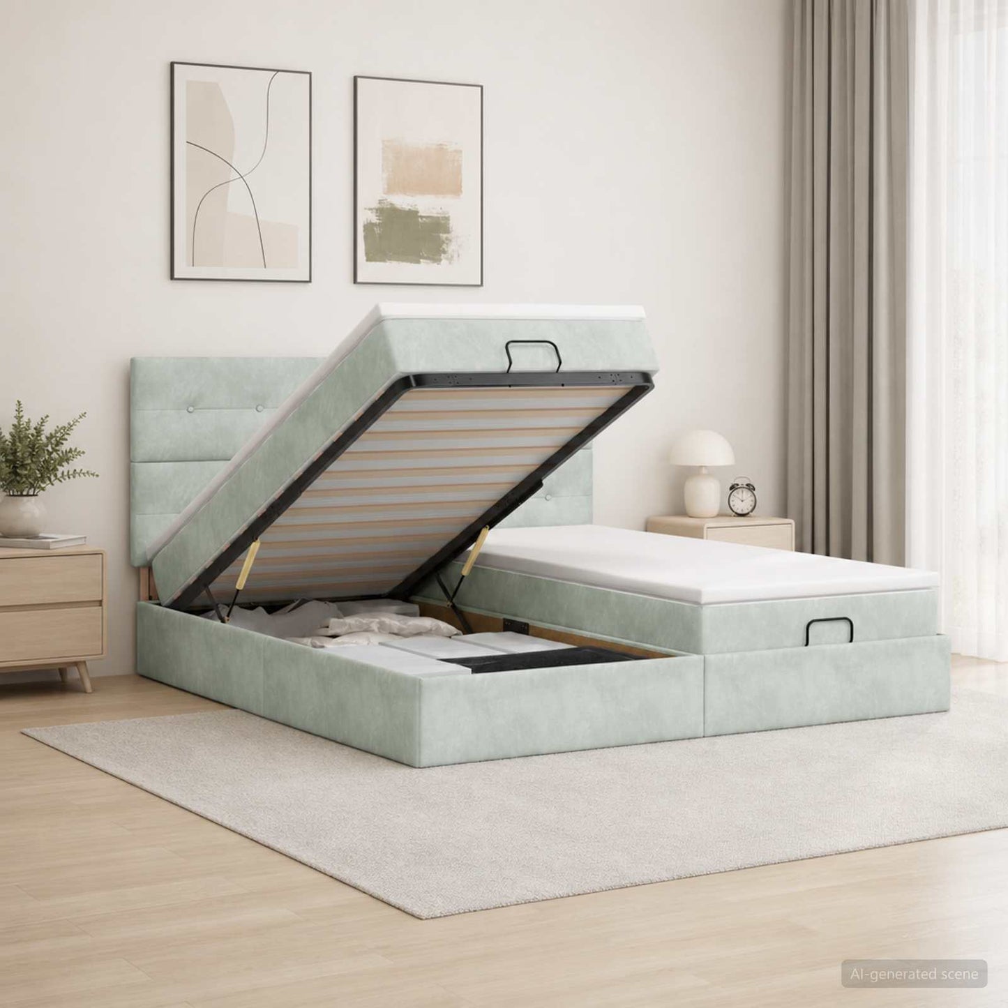 Ottoman-Bett mit Matratze und LED Hellgrau 200 x 200 cm Samt