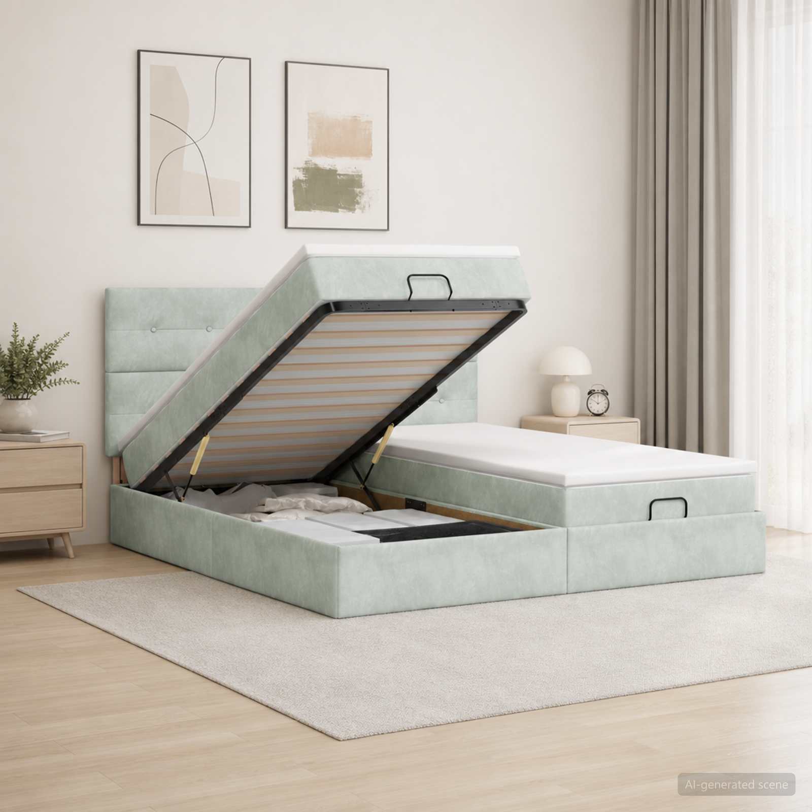 Ottoman-Bett mit Matratze und LED Hellgrau 200 x 200 cm Samt
