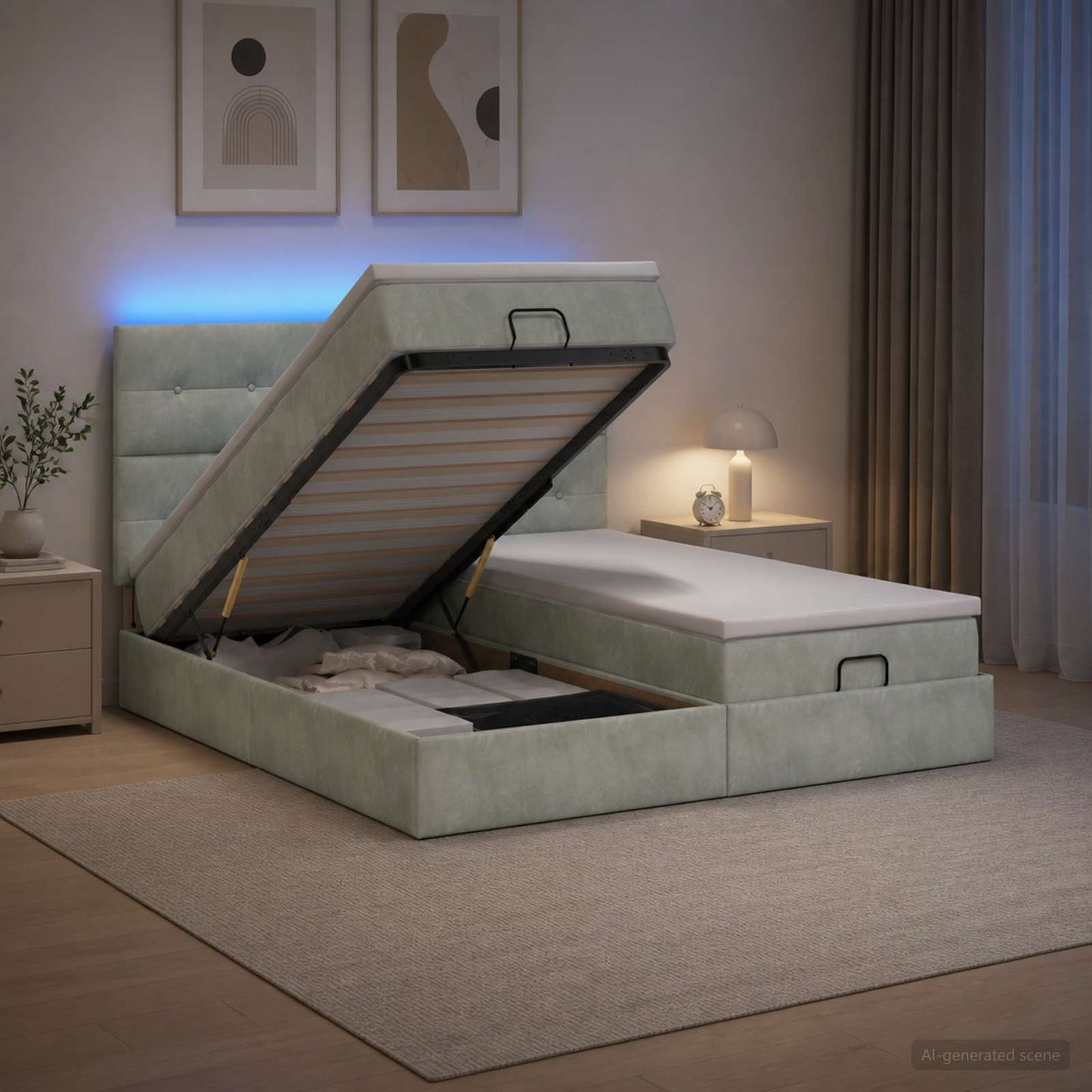 Ottoman-Bett mit Matratze und LED Hellgrau 200 x 200 cm Samt