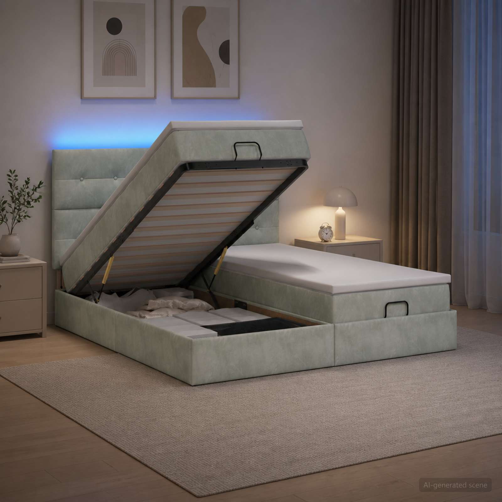 Ottoman-Bett mit Matratze und LED Hellgrau 200 x 200 cm Samt