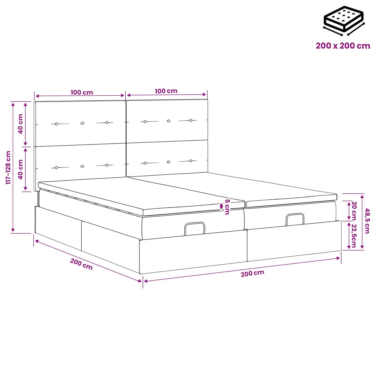 Ottoman-Bett mit Matratze und LED Hellgrau 200 x 200 cm Samt