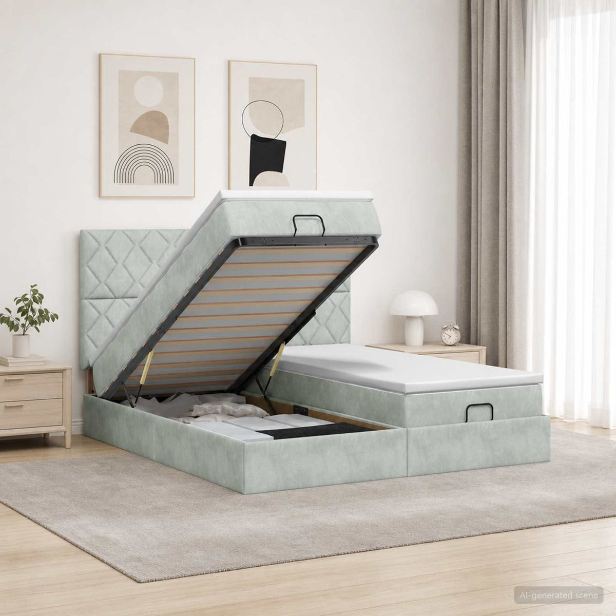 Ottoman-Bett mit Matratze und LED Hellgrau 200 x 200 cm Samt