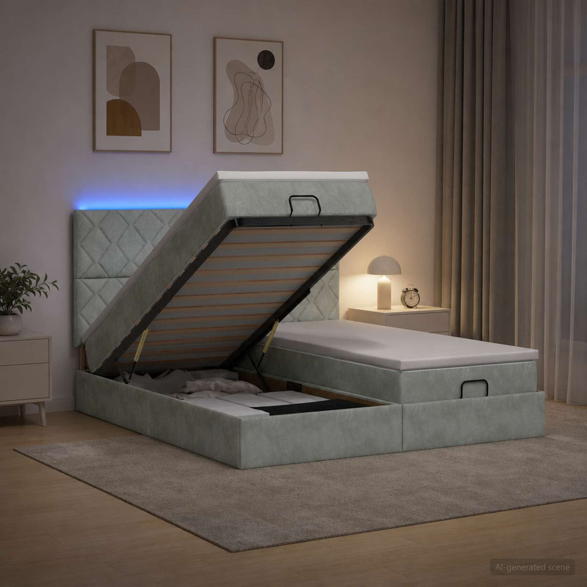 Ottoman-Bett mit Matratze und LED Hellgrau 200 x 200 cm Samt