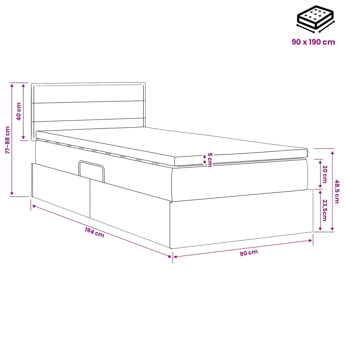 Aufbewahrungsbett mit Matratze Dunkelgrau 90 x 190 cm Samt