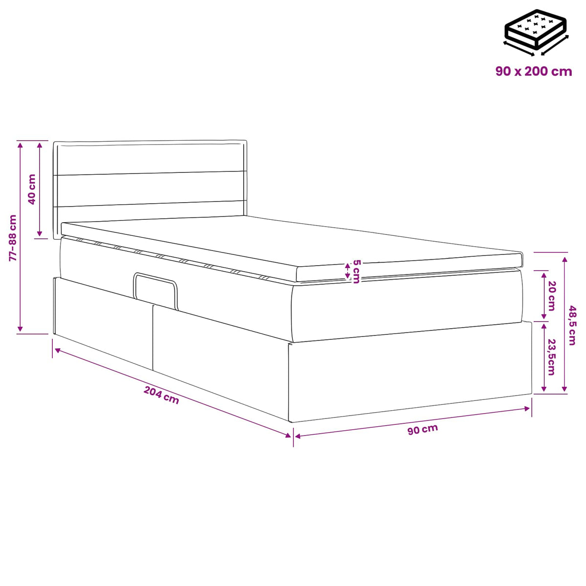 Aufbewahrungsbett mit Matratze Schwarz 90 x 200 cm Samt