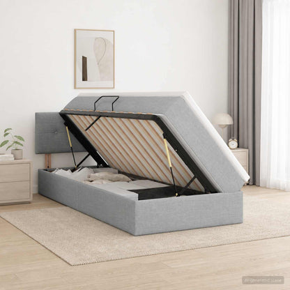 LED-Speicherbett mit Matratze Hellgrau 90 x 200 cm Stoff