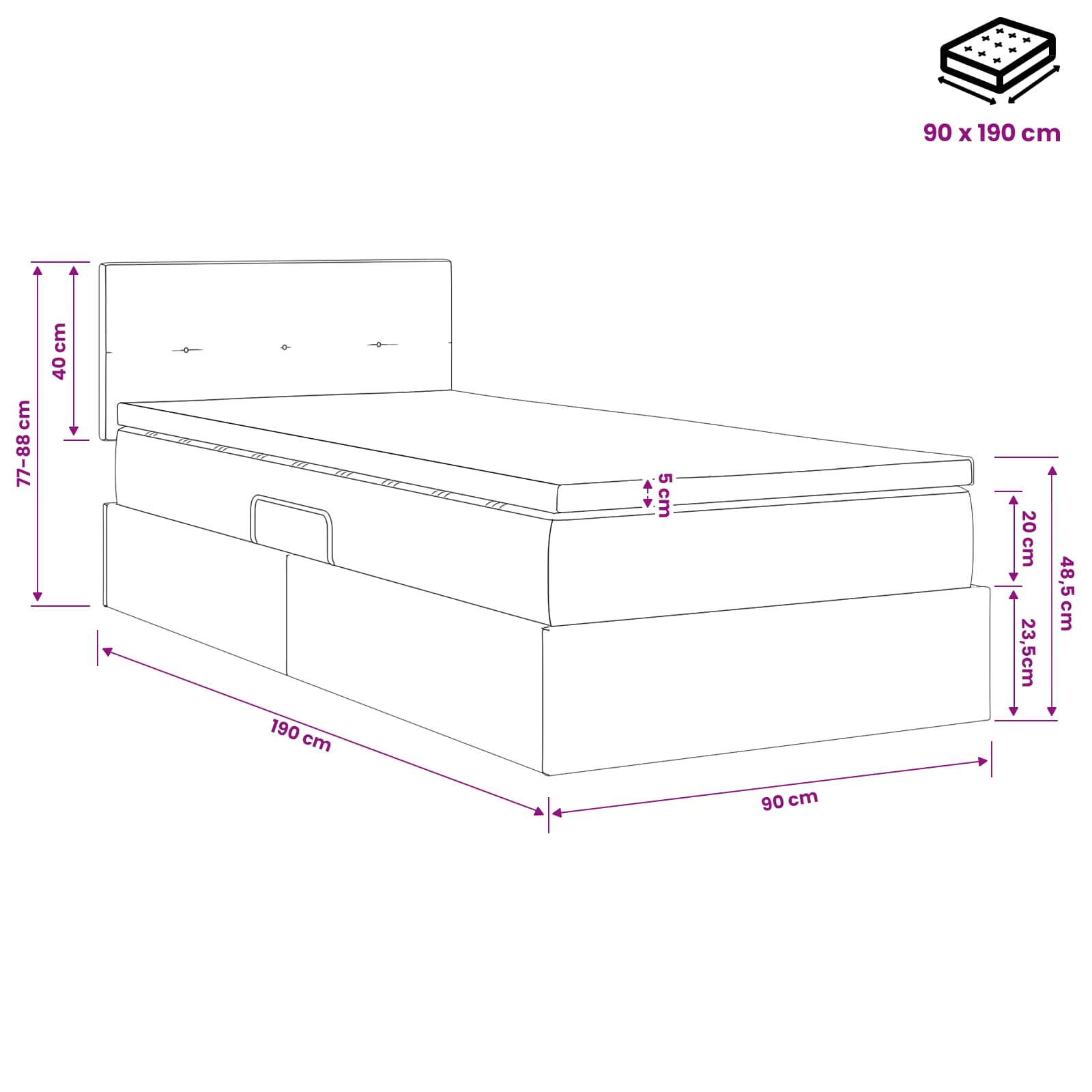 Aufbewahrungsbett mit Matratze Schwarz 90 x 190 cm Samt