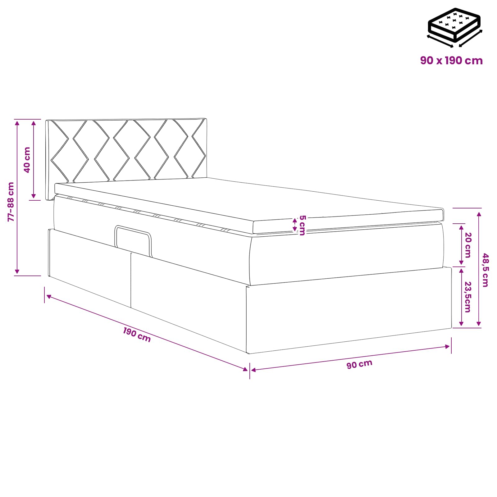 Aufbewahrungsbett mit Matratze Schwarz 90 x 190 cm Samt