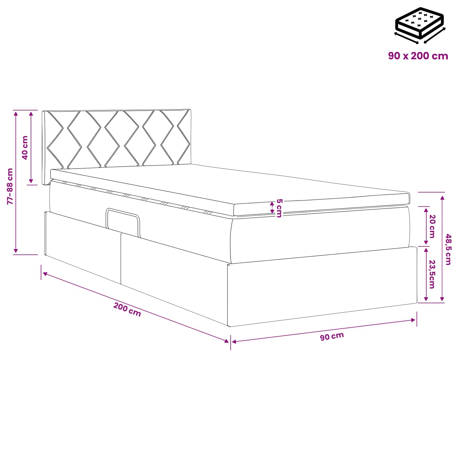 Aufbewahrungsbett mit Matratze Schwarz 90 x 200 cm Samt
