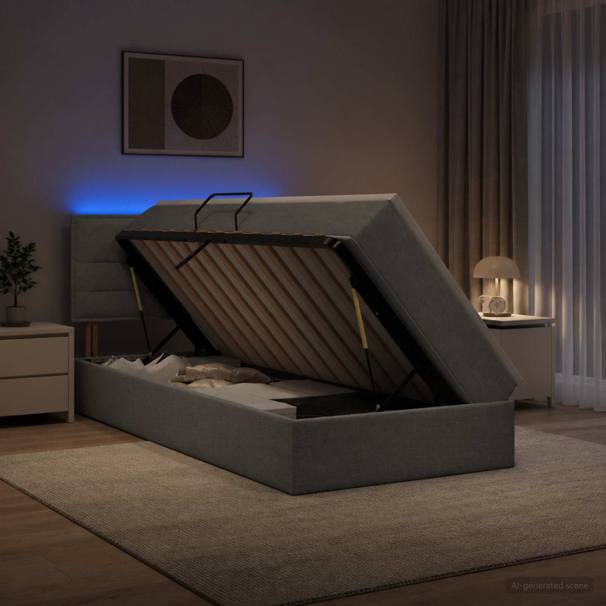 LED-Speicherbett mit Matratze Hellgrau 100 x 200 cm Stoff