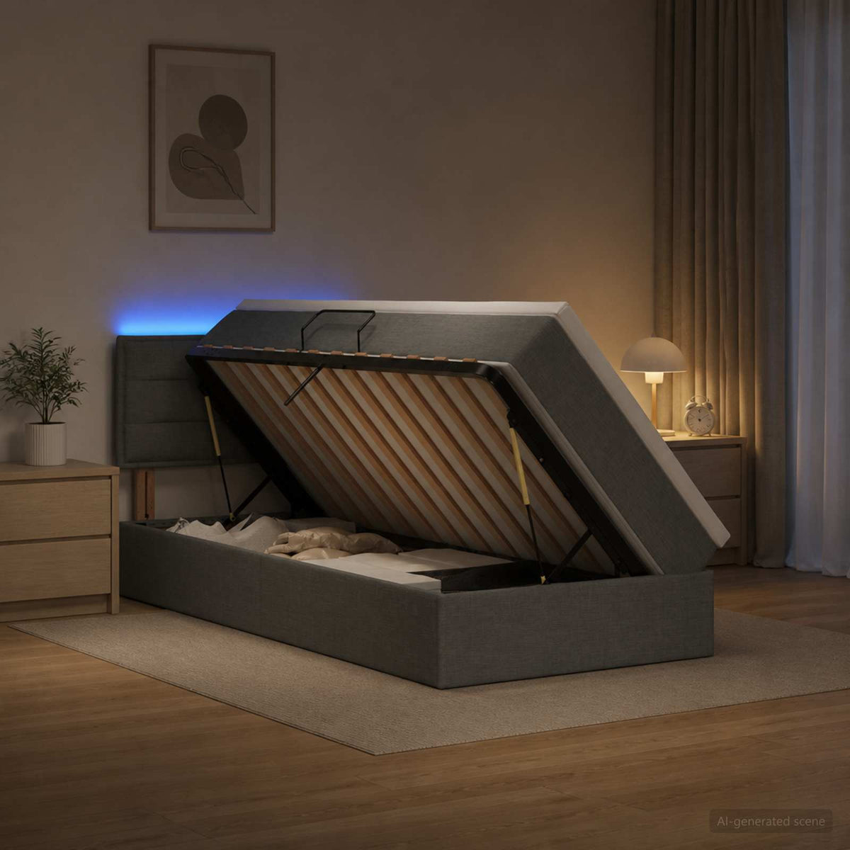 LED-Speicherbett mit Matratze Dunkelgrau 90 x 200 cm Stoff