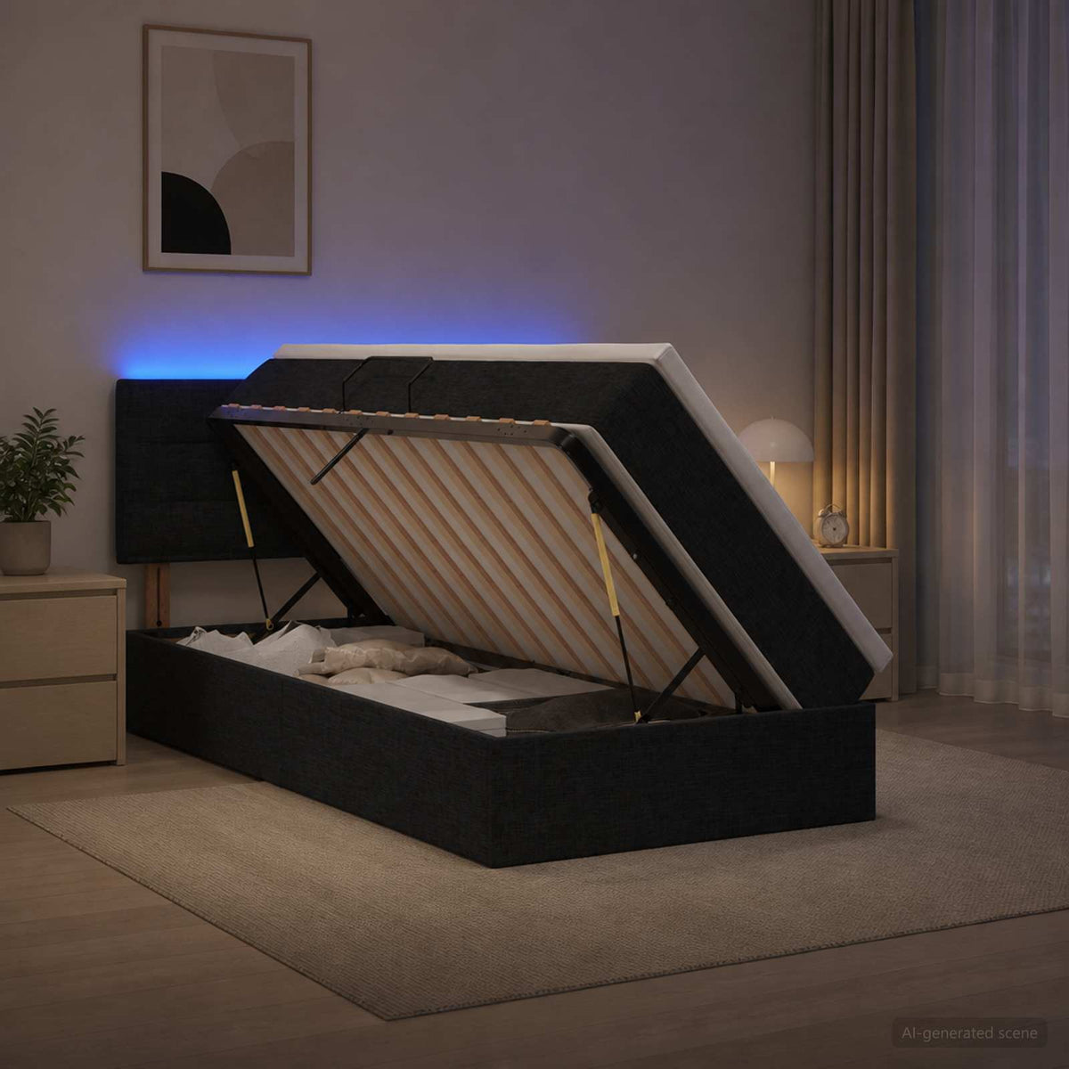 LED-Speicherbett mit Matratze Schwarz 90 x 200 cm Stoff