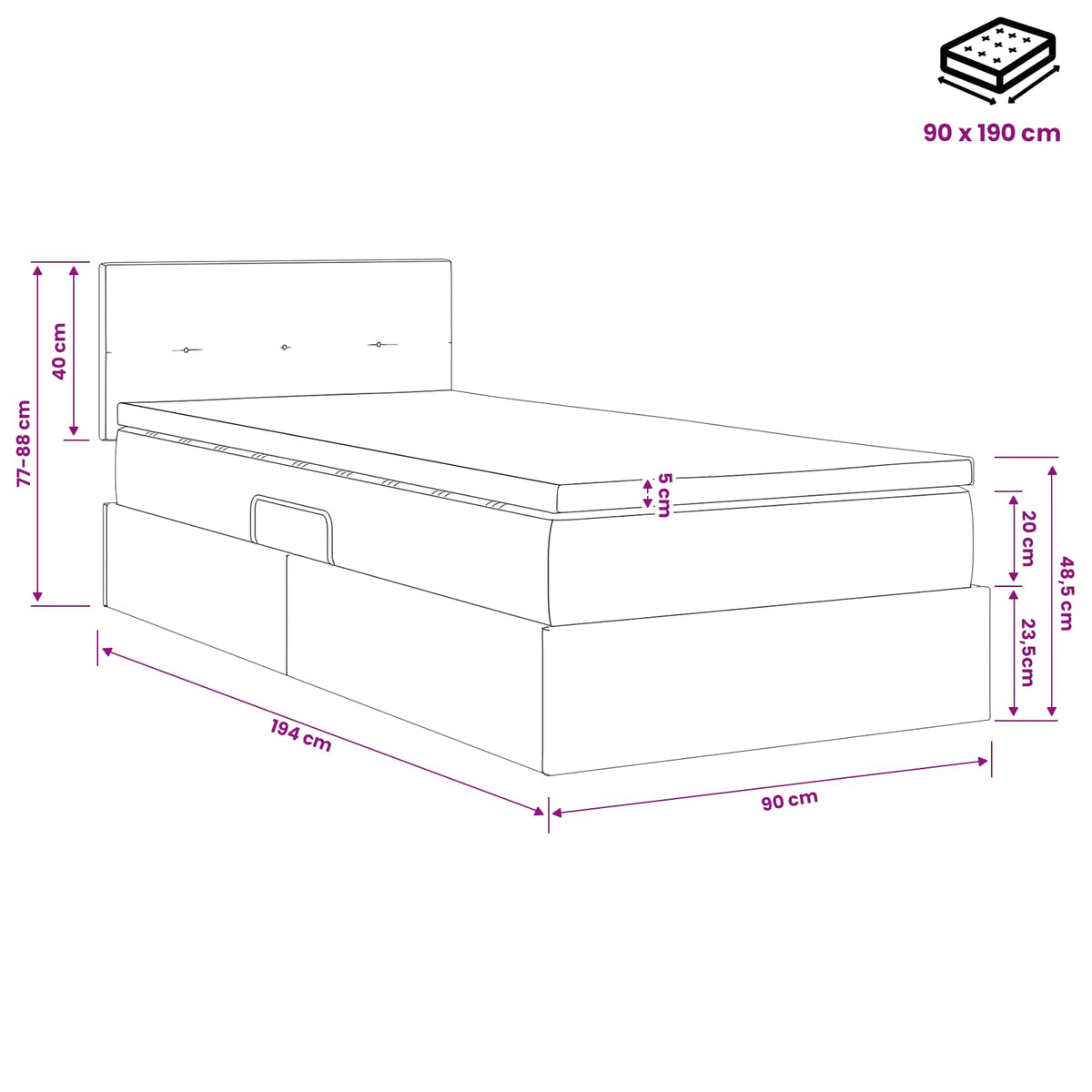 LED-Speicherbett mit Matratze Dunkelgrau 90 x 190 cm Stoff