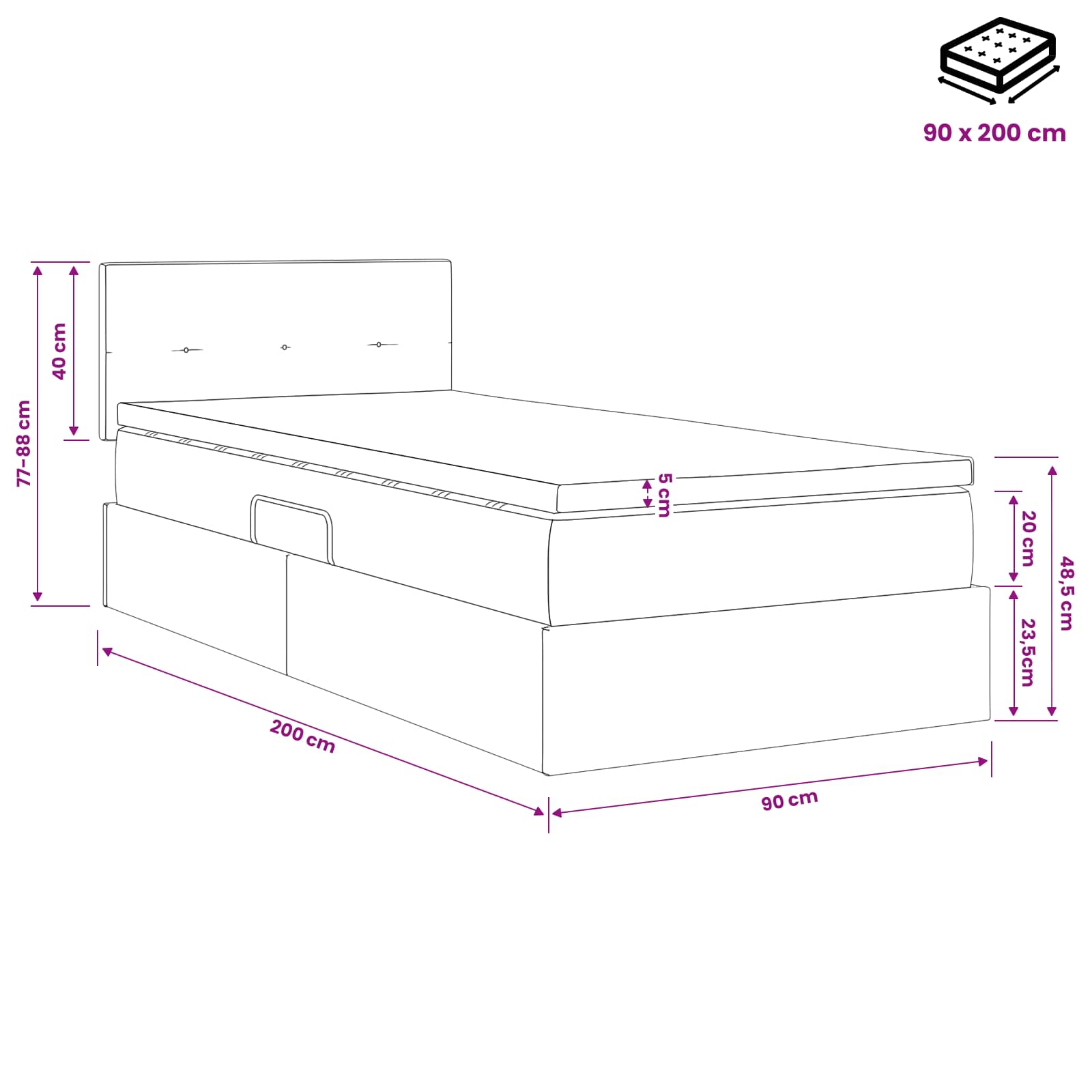 LED-Speicherbett mit Matratze Schwarz 90 x 200 cm Stoff