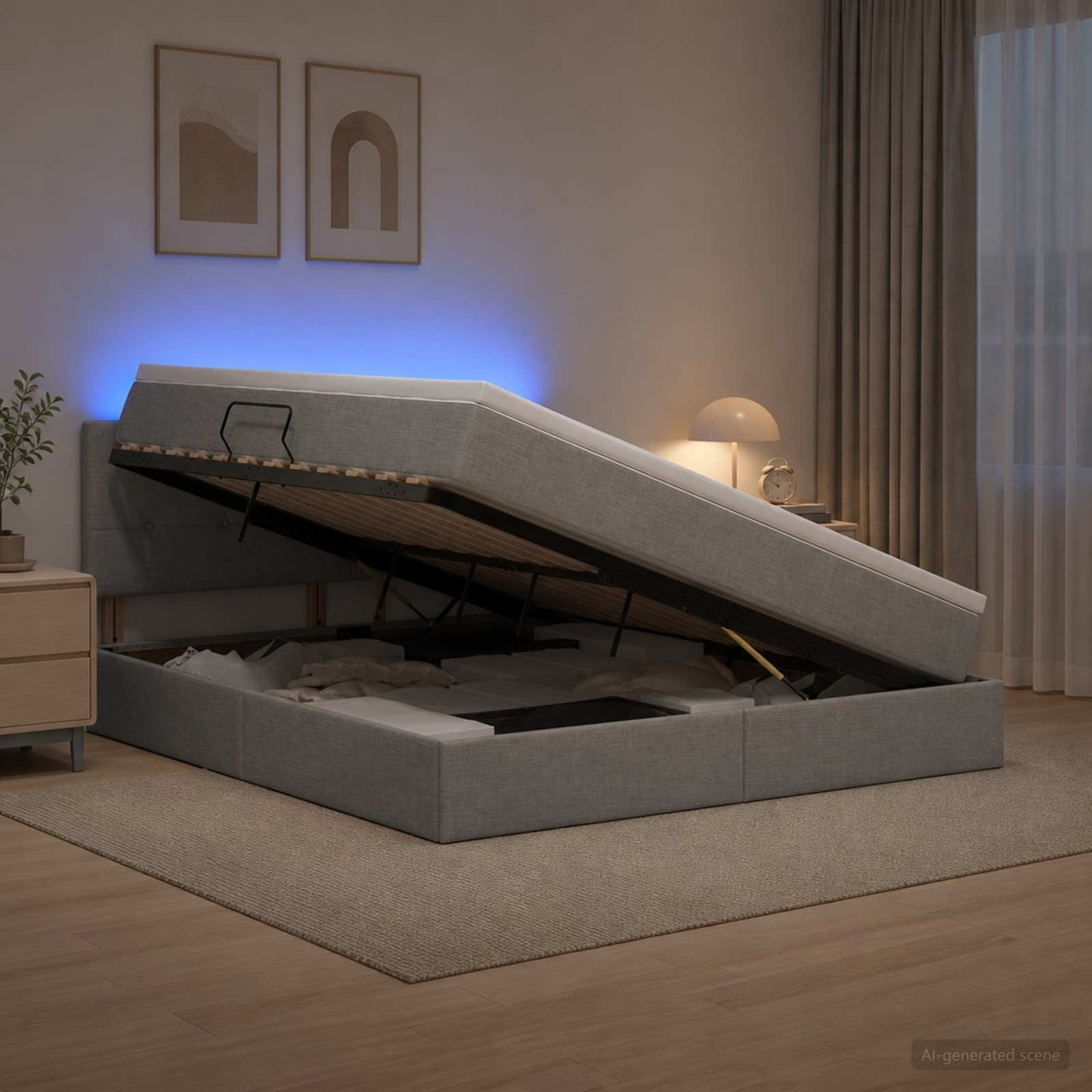 LED-Speicherbett mit Matratze Hellgrau 140 x 200 cm Stoff