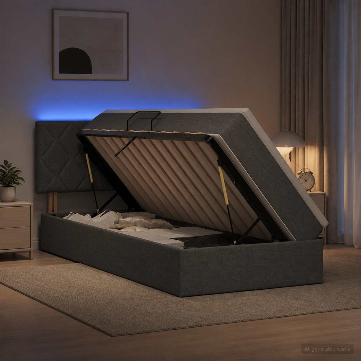 LED-Speicherbett mit Matratze Dunkelgrau 90 x 190 cm Stoff