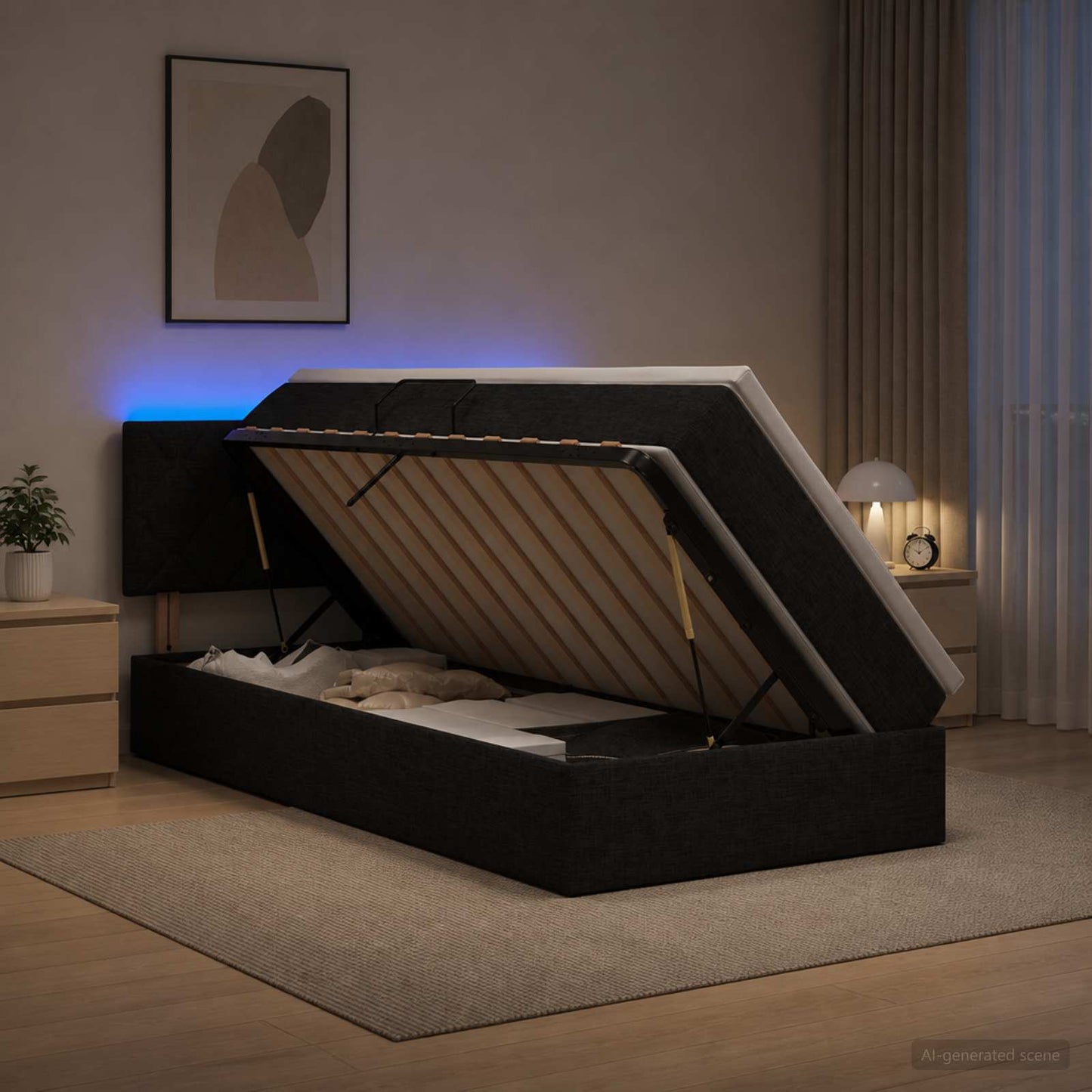 LED-Speicherbett mit Matratze Schwarz 90 x 190 cm Stoff