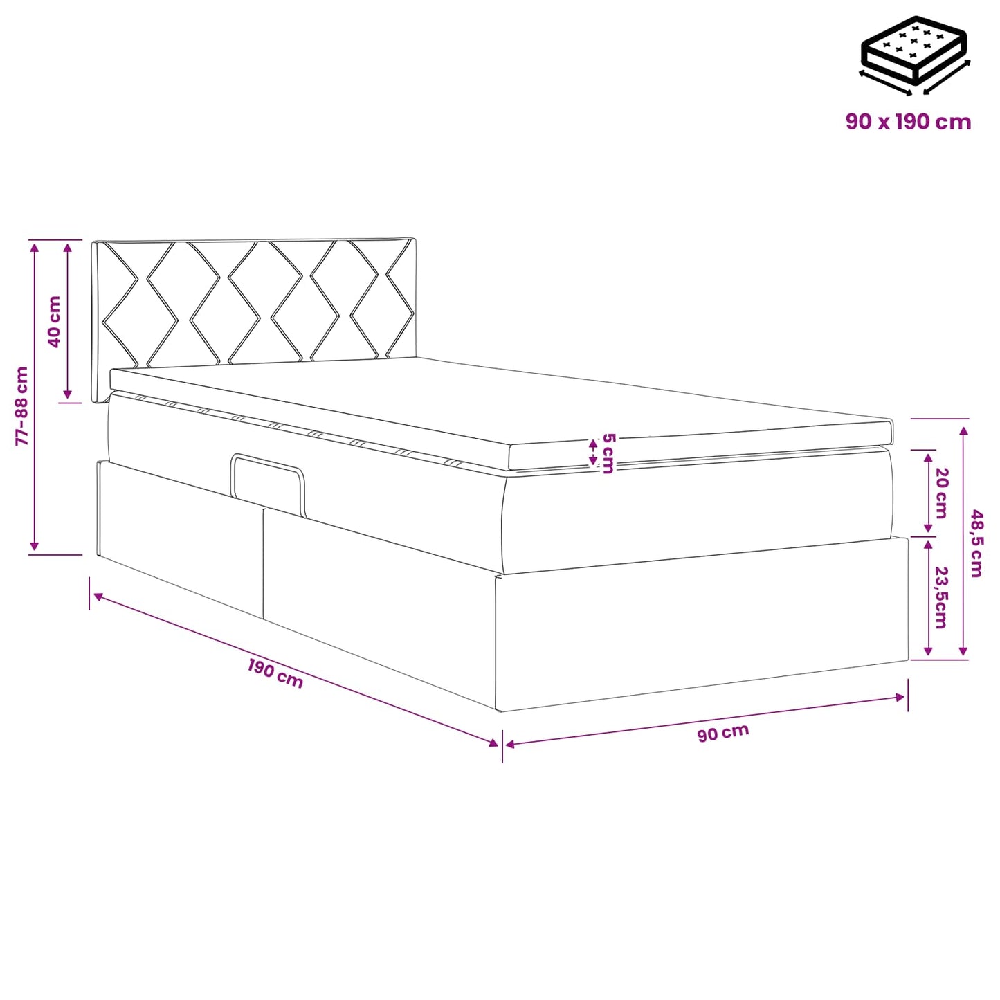 LED-Speicherbett mit Matratze Schwarz 90 x 190 cm Stoff