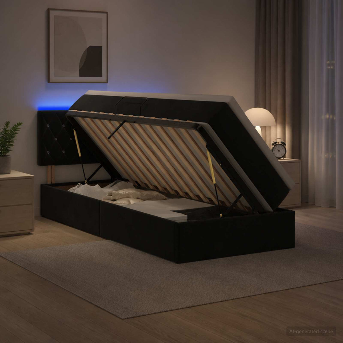LED-Speicherbett mit Matratze Schwarz 100 x 200 cm Samt