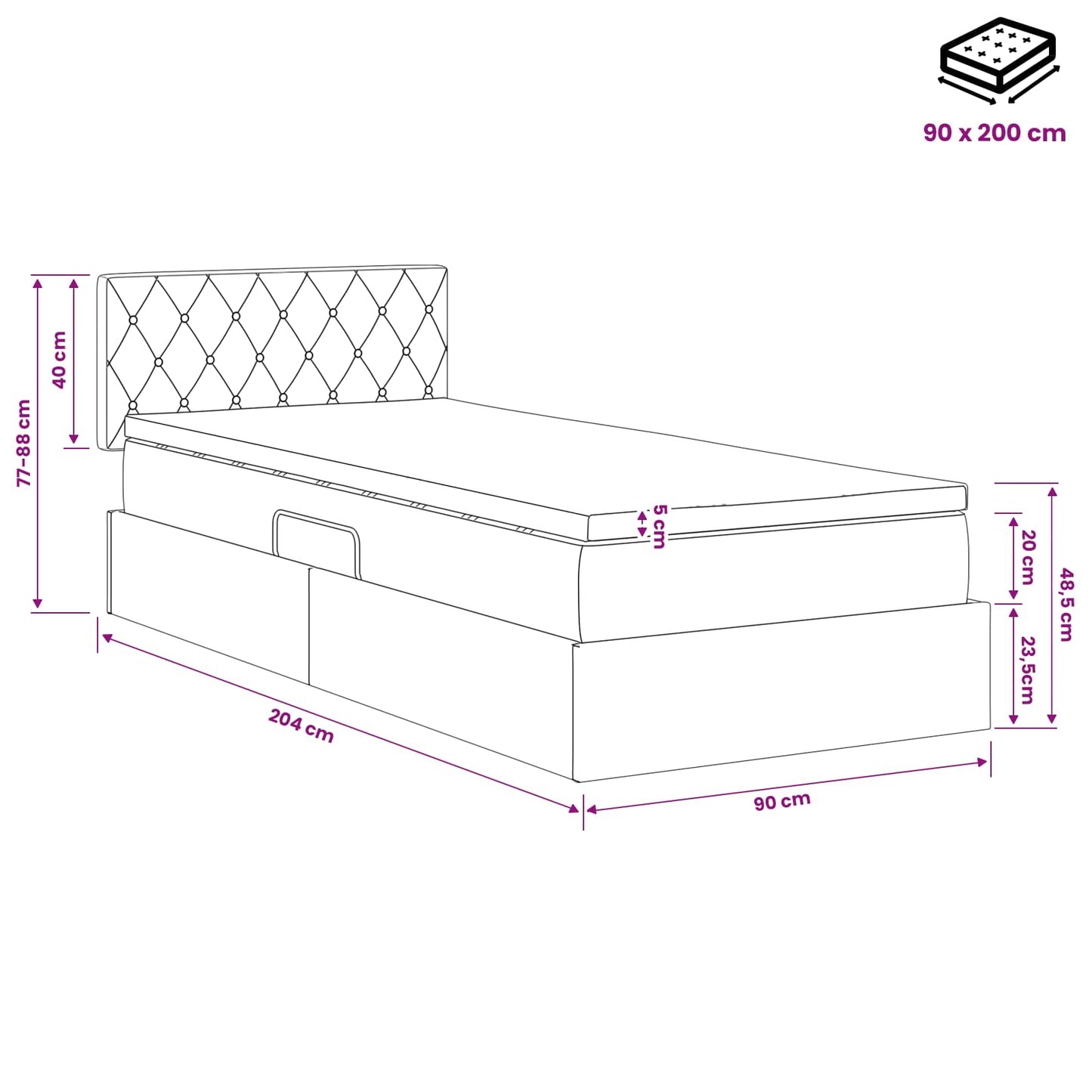 LED-Speicherbett mit Matratze Dunkelgrau 90 x 200 cm Samt