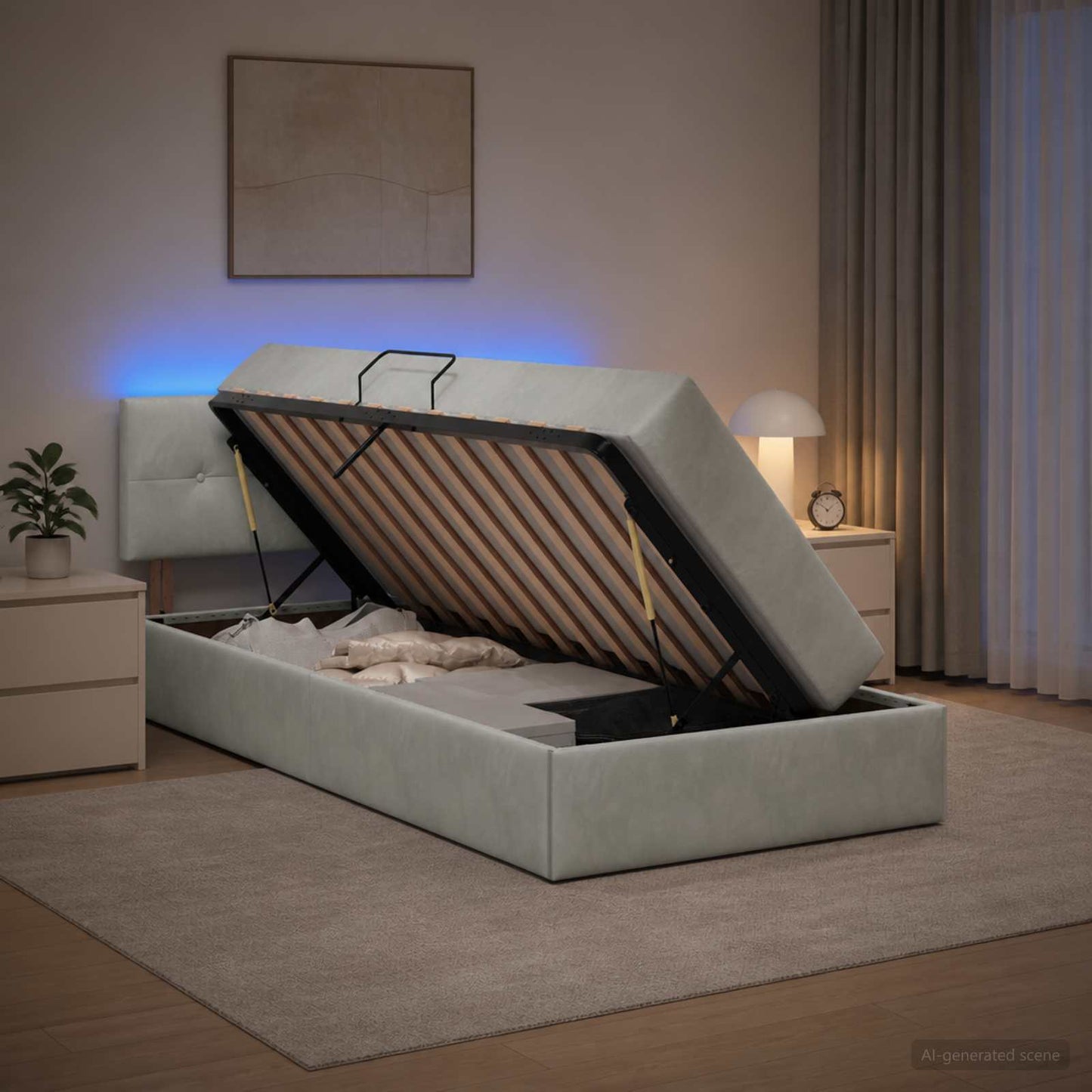 LED-Speicherbett mit Matratze Hellgrau 100 x 200 cm Samt