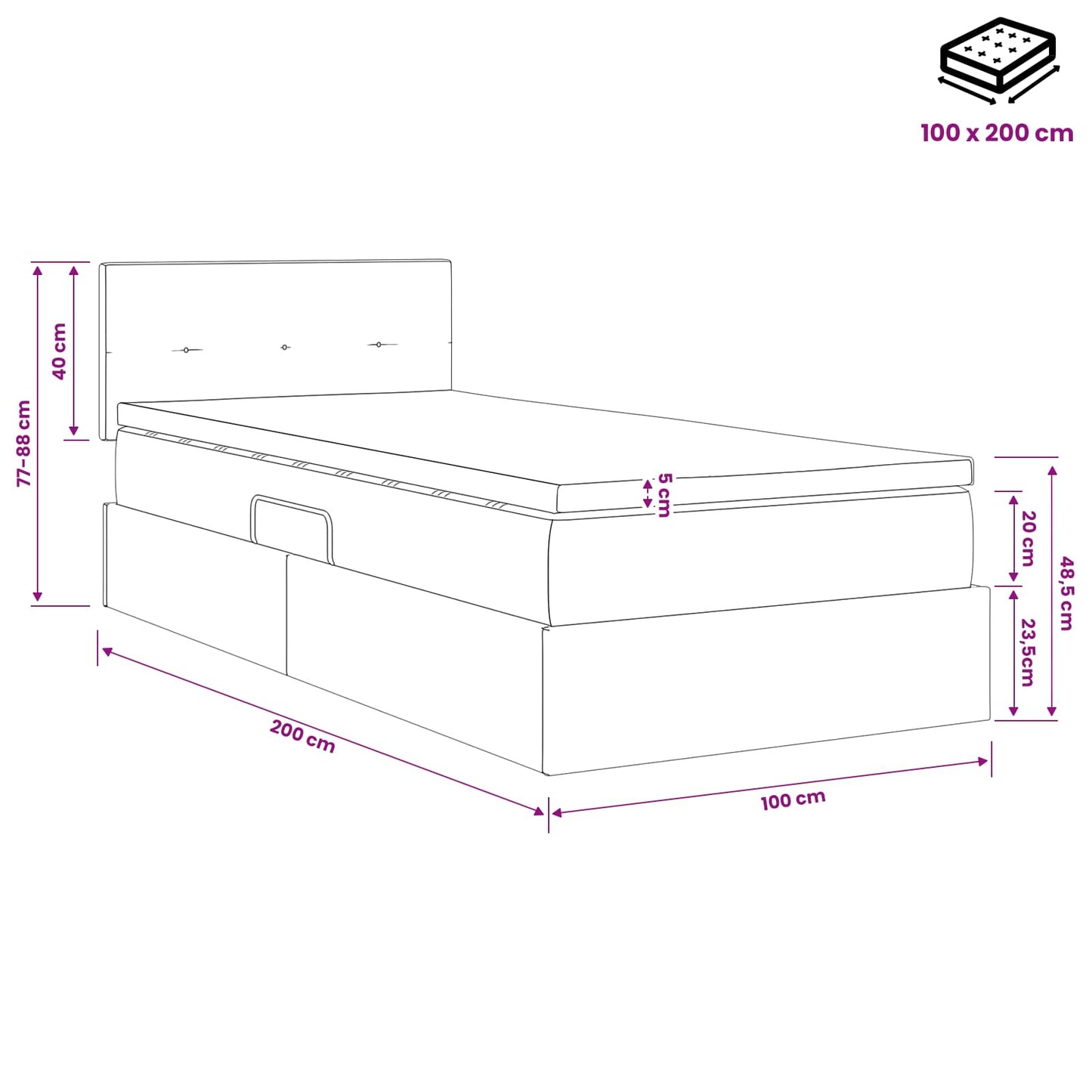 LED-Speicherbett mit Matratze Schwarz 100 x 200 cm Samt