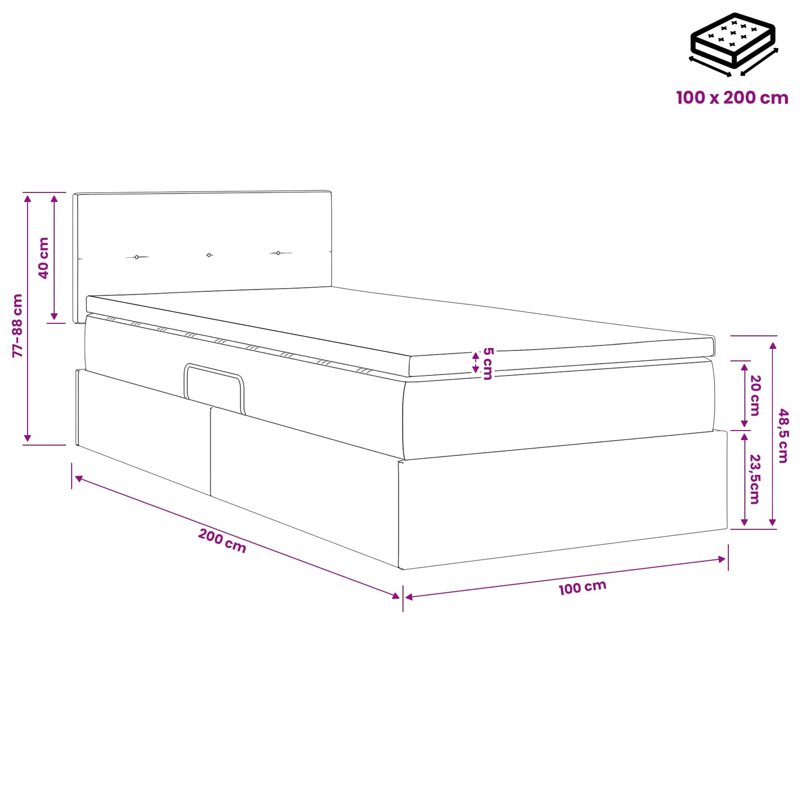 LED-Speicherbett mit Matratze Schwarz 100 x 200 cm Samt