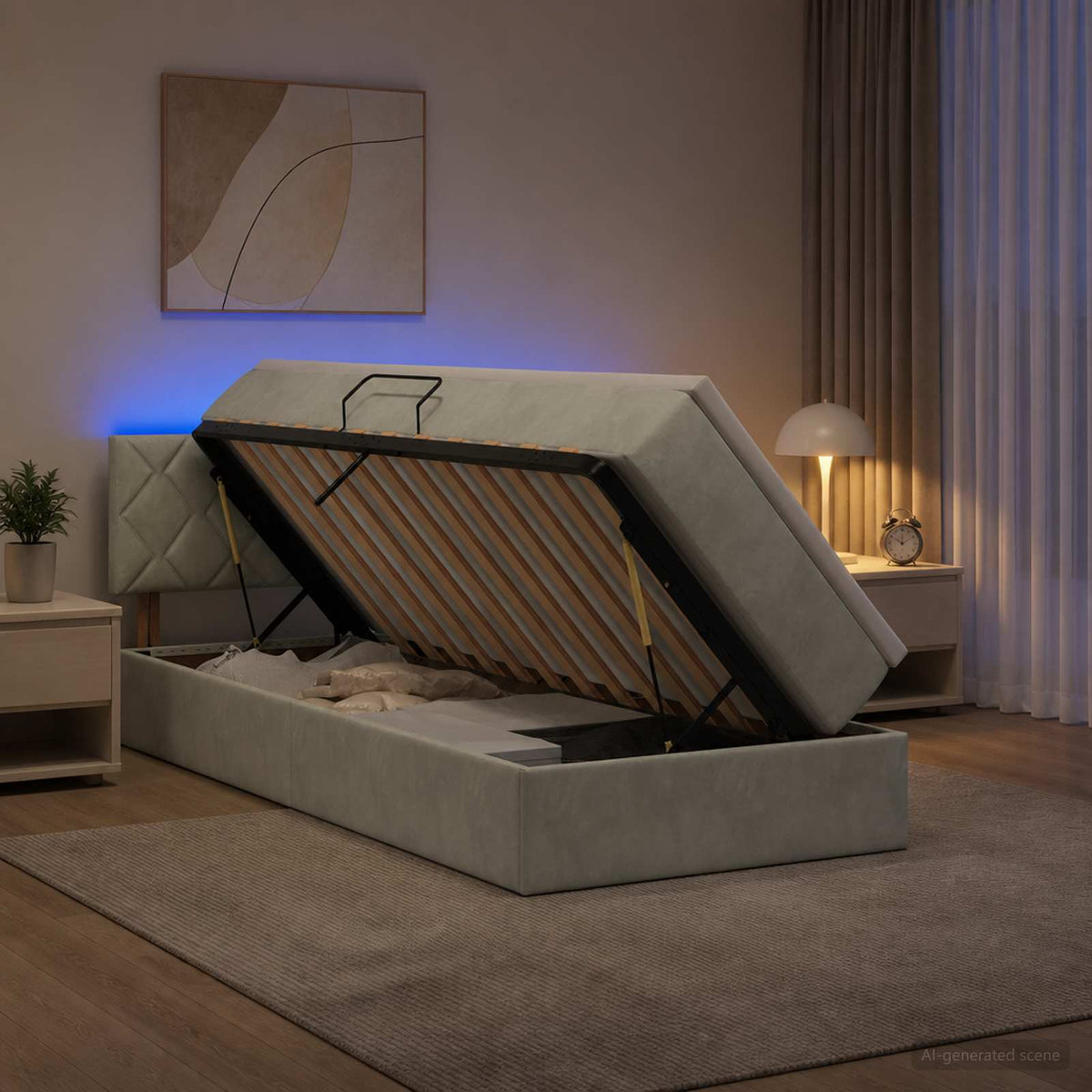 LED-Speicherbett mit Matratze Hellgrau 90 x 200 cm Samt