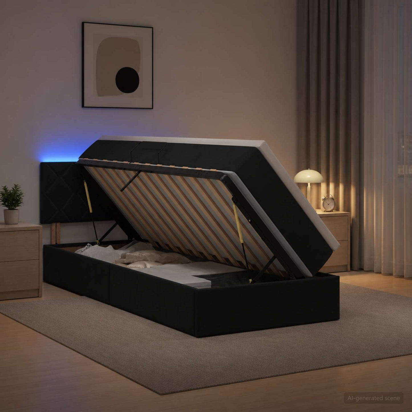 LED-Speicherbett mit Matratze Schwarz 90 x 200 cm Samt