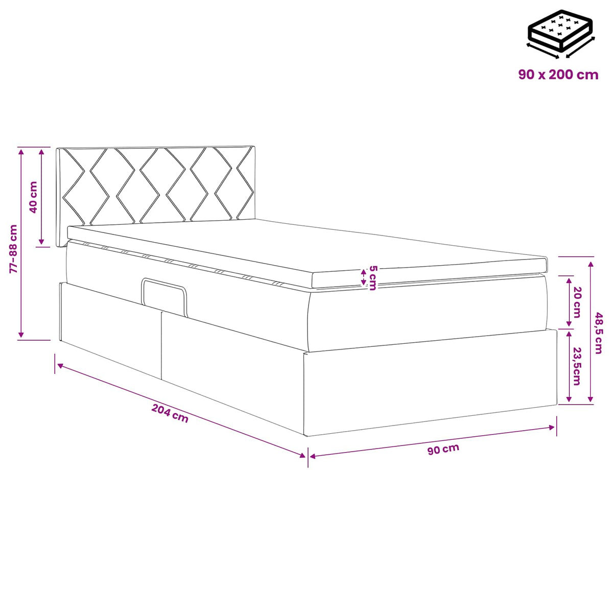 LED-Speicherbett mit Matratze Schwarz 90 x 200 cm Samt
