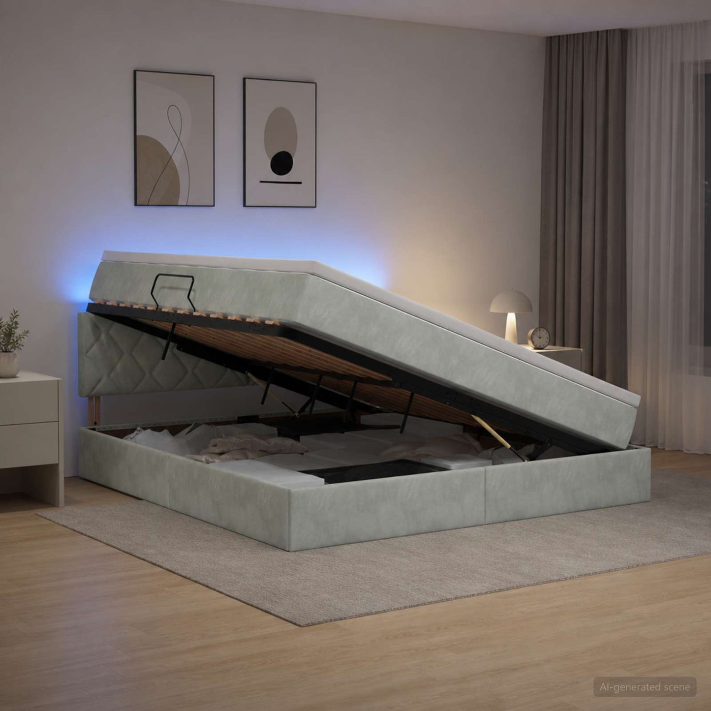 LED-Speicherbett mit Matratze Hellgrau 160 x 200 cm Samt