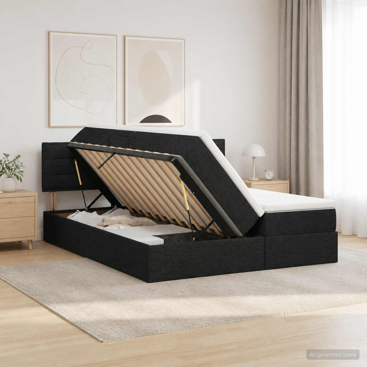 LED-Speicherbett mit Matratze Schwarz 200 x 200 cm Stoff