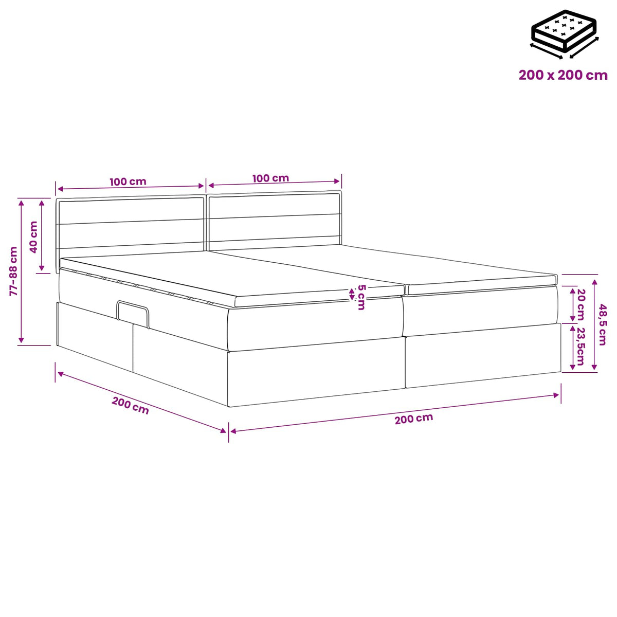 LED-Speicherbett mit Matratze Dunkelgrau 200 x 200 cm Stoff