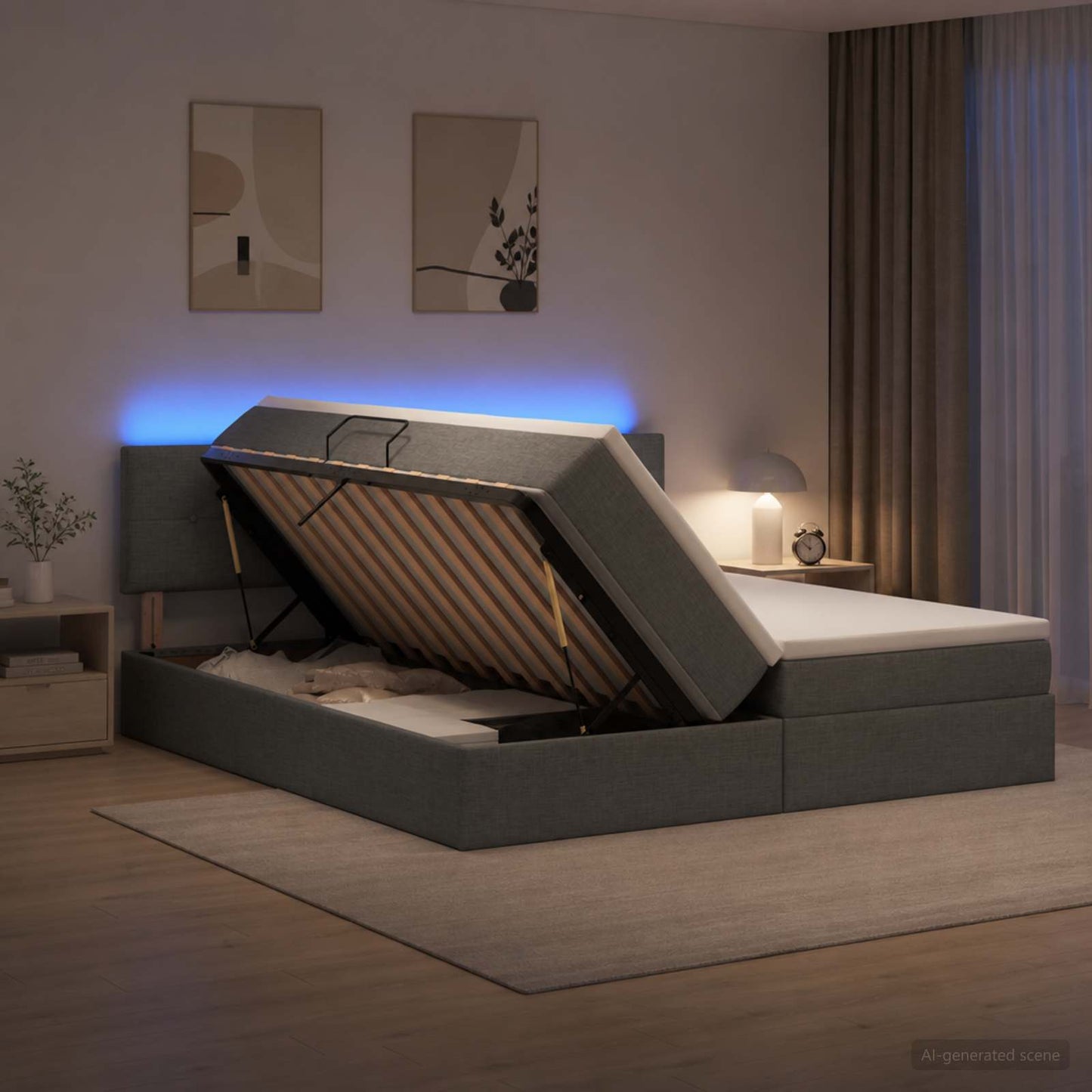 LED-Speicherbett mit Matratze Dunkelgrau 200 x 200 cm Stoff