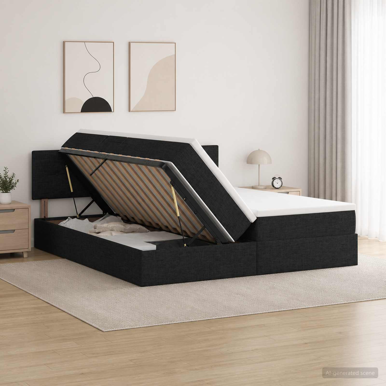 LED-Speicherbett mit Matratze Schwarz 200 x 200 cm Stoff