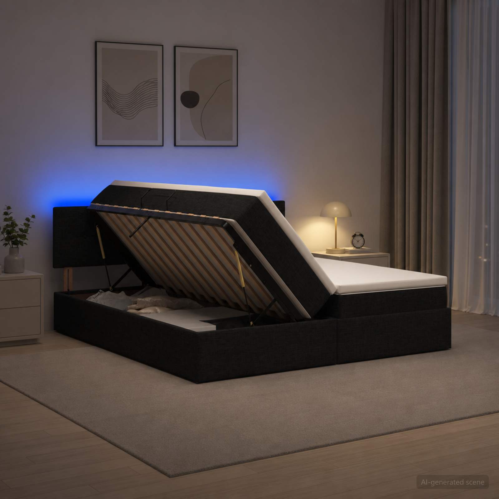 LED-Speicherbett mit Matratze Schwarz 200 x 200 cm Stoff