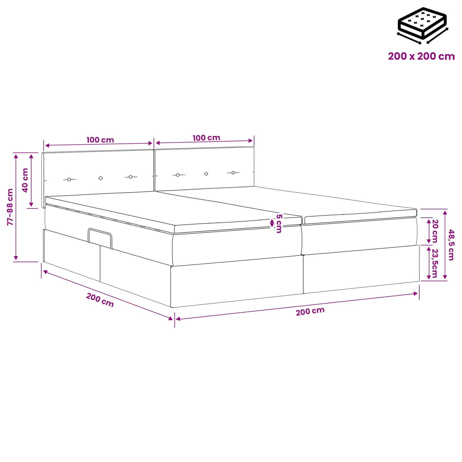 LED-Speicherbett mit Matratze Schwarz 200 x 200 cm Stoff
