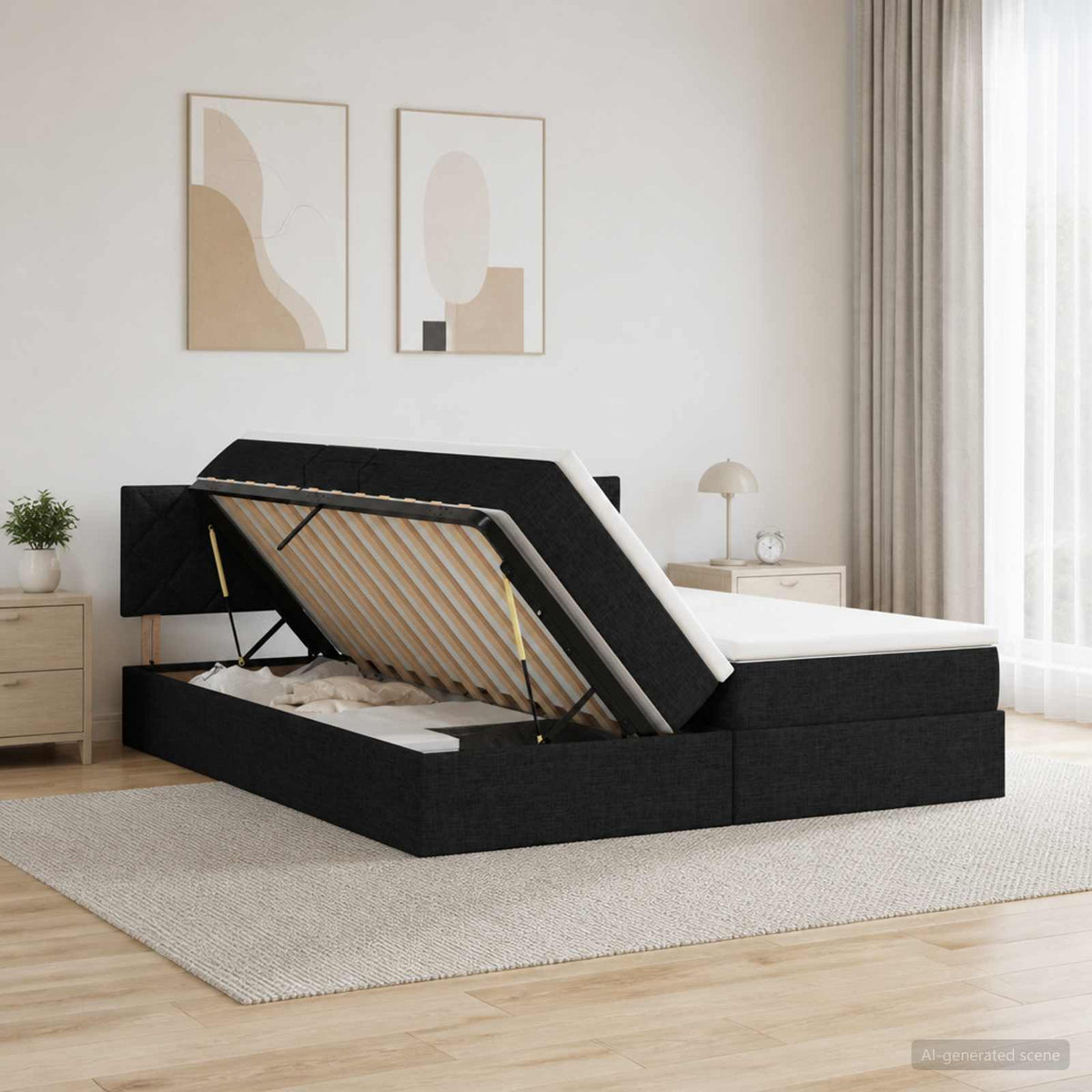 LED-Speicherbett mit Matratze Schwarz 200 x 200 cm Stoff
