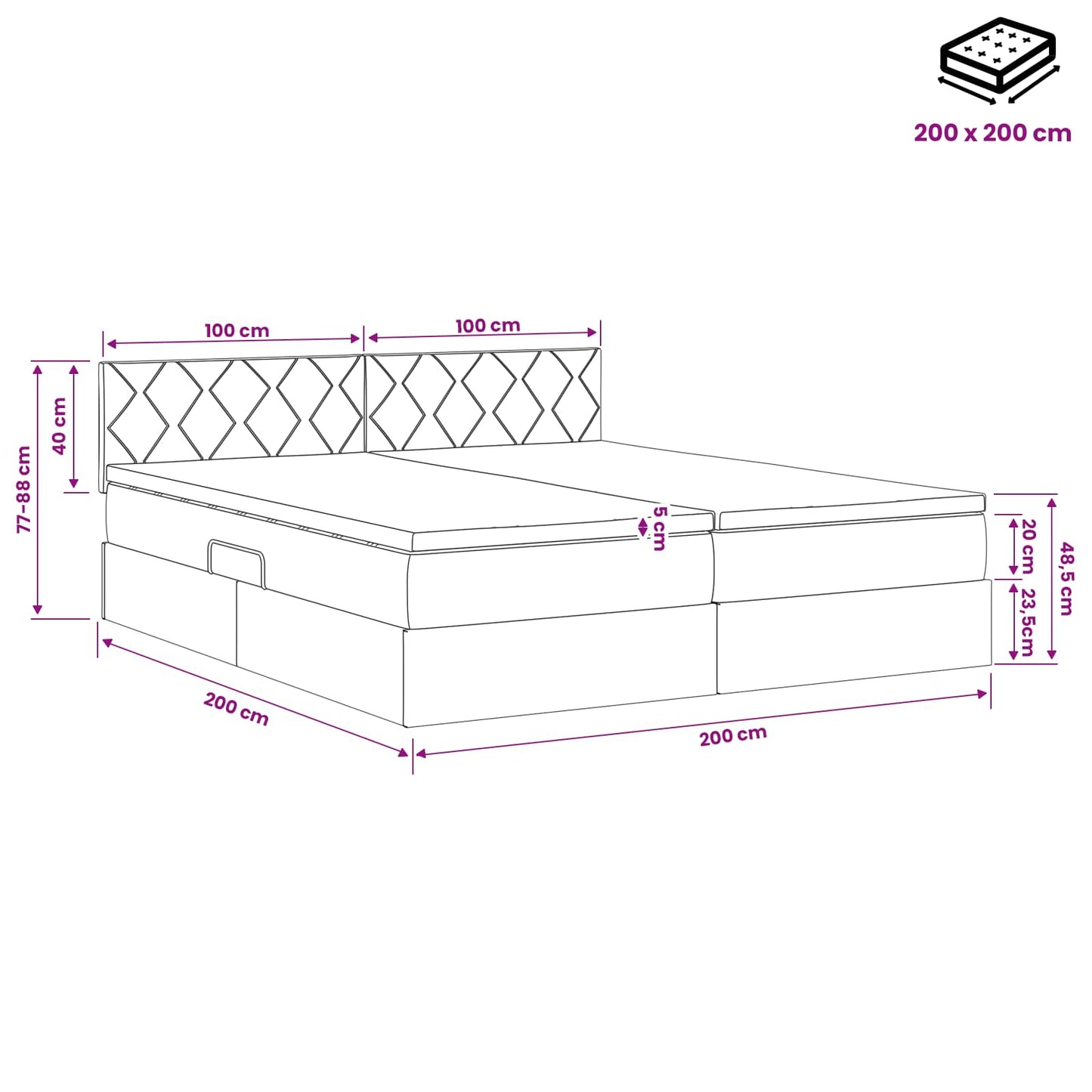 LED-Speicherbett mit Matratze Dunkelgrau 200 x 200 cm Stoff