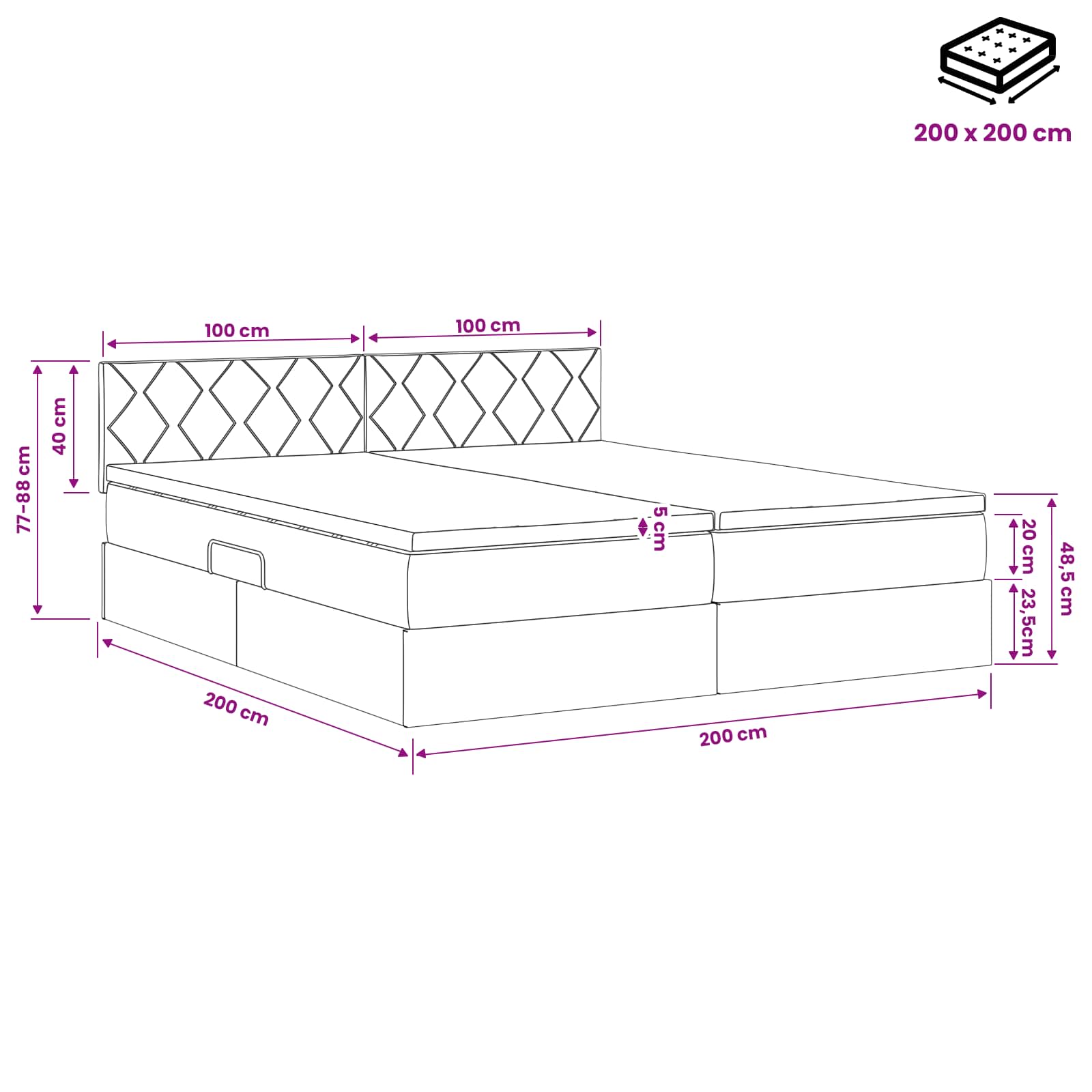 LED-Speicherbett mit Matratze Dunkelgrau 200 x 200 cm Stoff