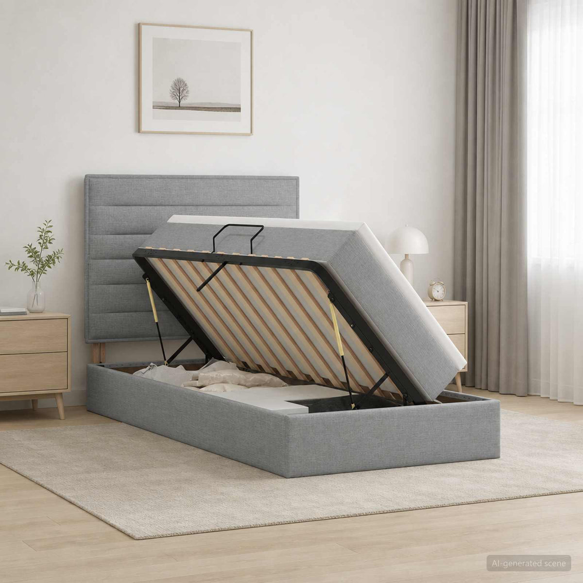 Aufbewahrungsbett mit Matratze Hellgrau 100 x 200 cm Stoff