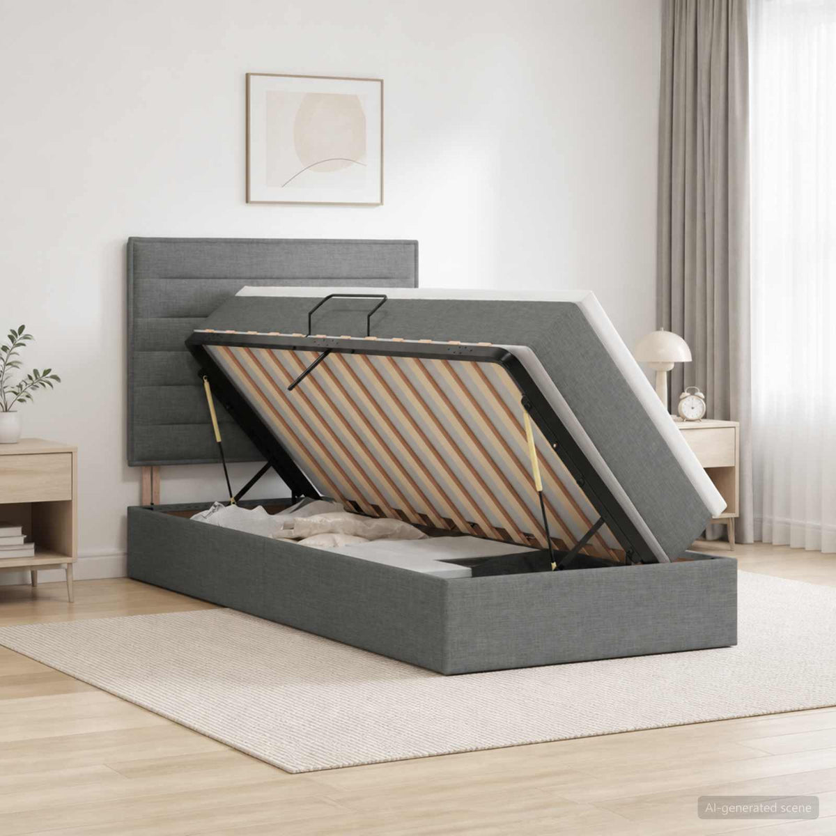 Aufbewahrungsbett mit Matratze Dunkelgrau 100 x 200 cm Stoff