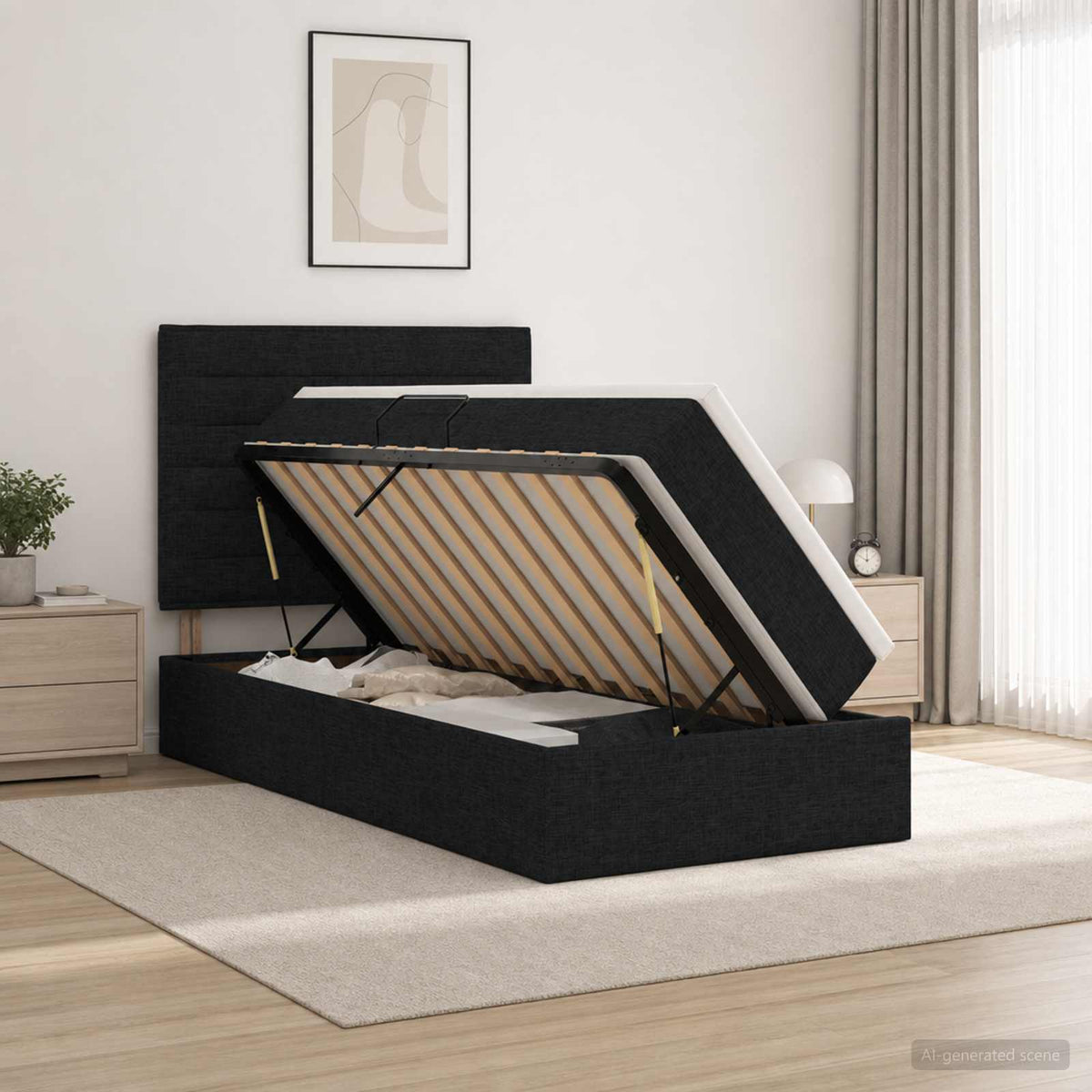 LED-Speicherbett mit Matratze Schwarz 90 x 200 cm Stoff