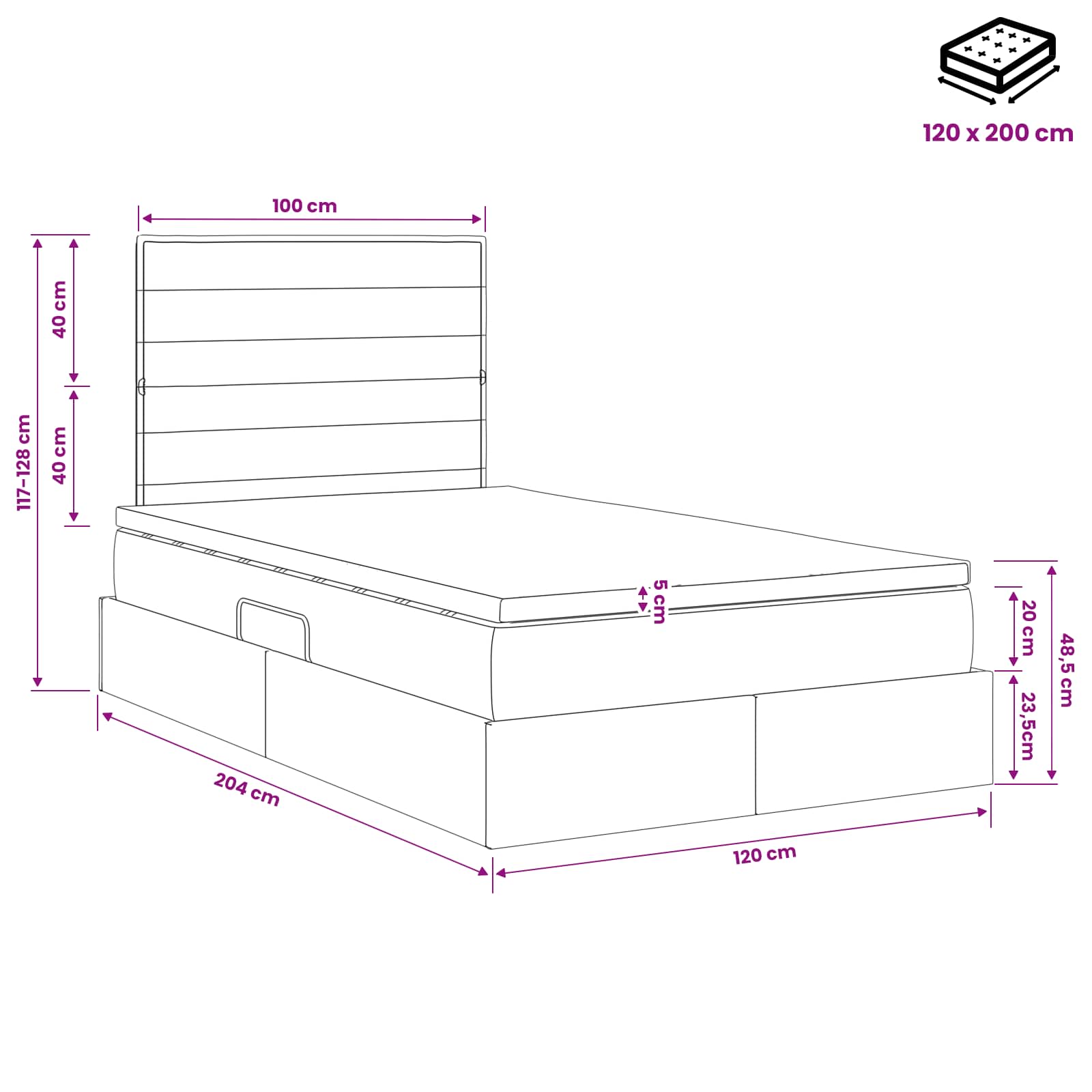 Aufbewahrungsbett mit Matratze Dunkelgrau 120 x 200 cm Stoff