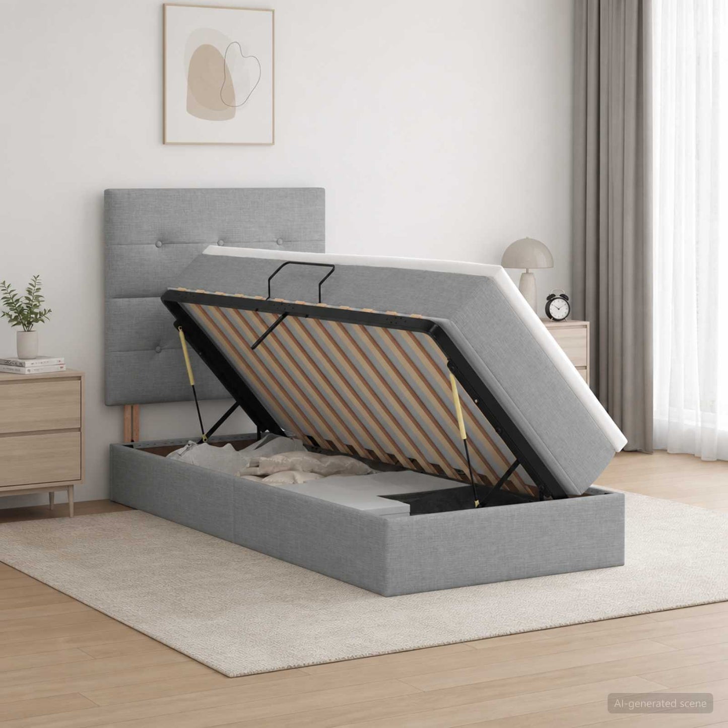 Aufbewahrungsbett mit Matratze Hellgrau 90 x 200 cm Stoff