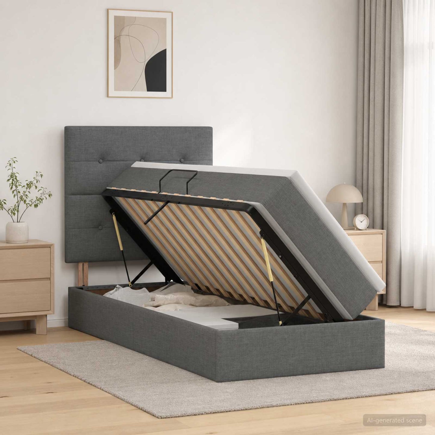 Aufbewahrungsbett mit Matratze Dunkelgrau 90 x 200 cm Stoff