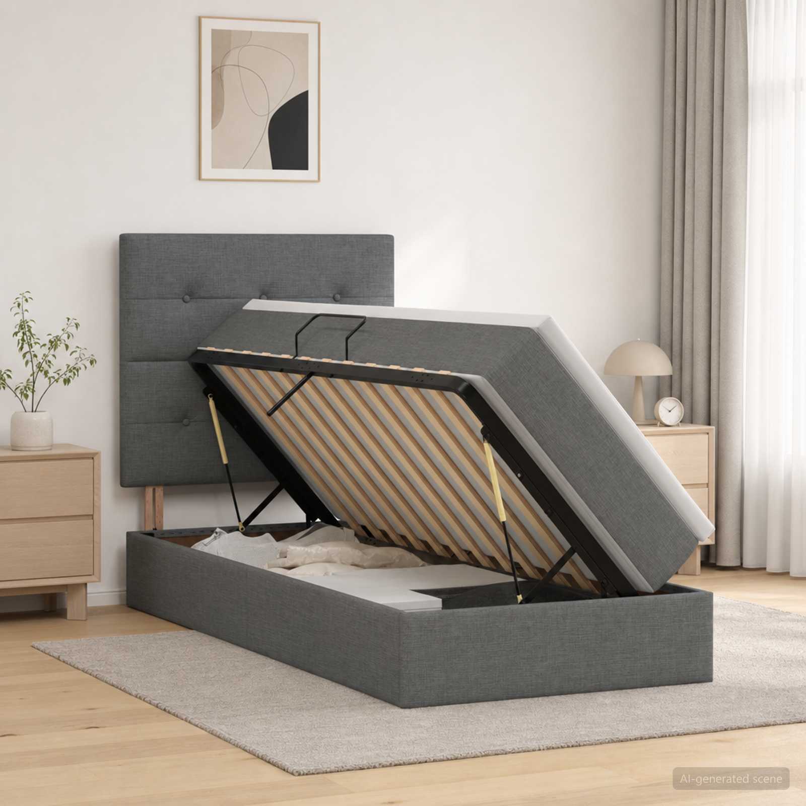 Aufbewahrungsbett mit Matratze Dunkelgrau 90 x 200 cm Stoff