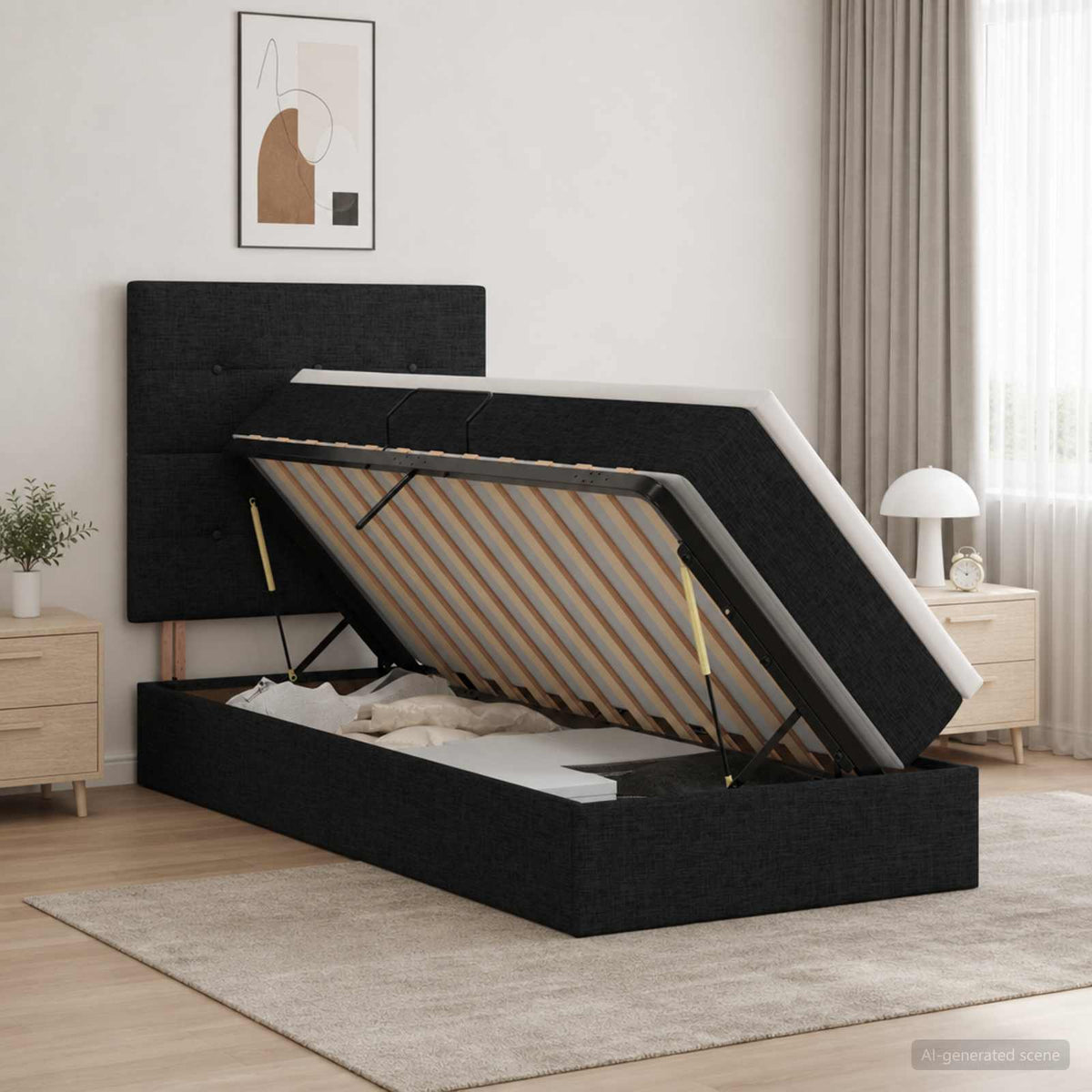 LED-Speicherbett mit Matratze Schwarz 90 x 200 cm Stoff